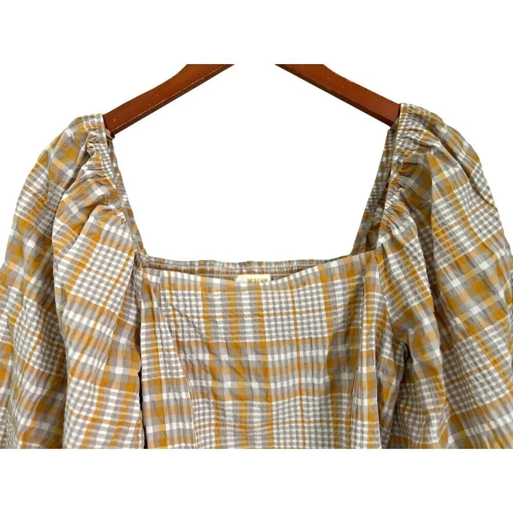 Anthropologie Maeve Plaid Blouses Puff Sleeves Cropped Size Med